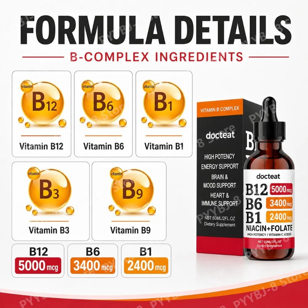 VitaminB Complex Liquid Supplement 60ml with VitaminB1/B6/B12 Support Energy Generation Supplementation and Immune System Health