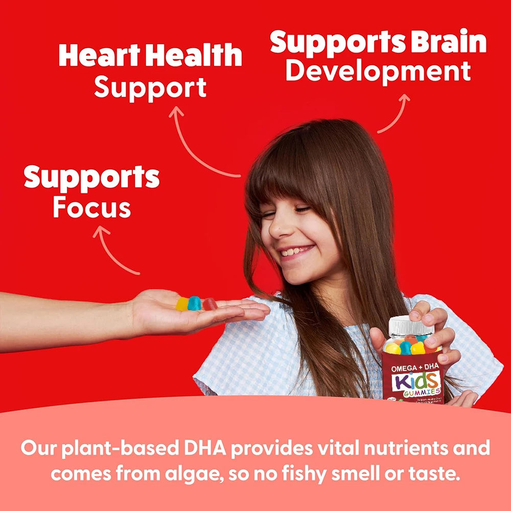OMEGA + DHA Gummies for Kids, with Omega 3 6 9 + DHA, Vitamin C - Healthy Brain Function, Vision & Heart Health, Vegetarian
