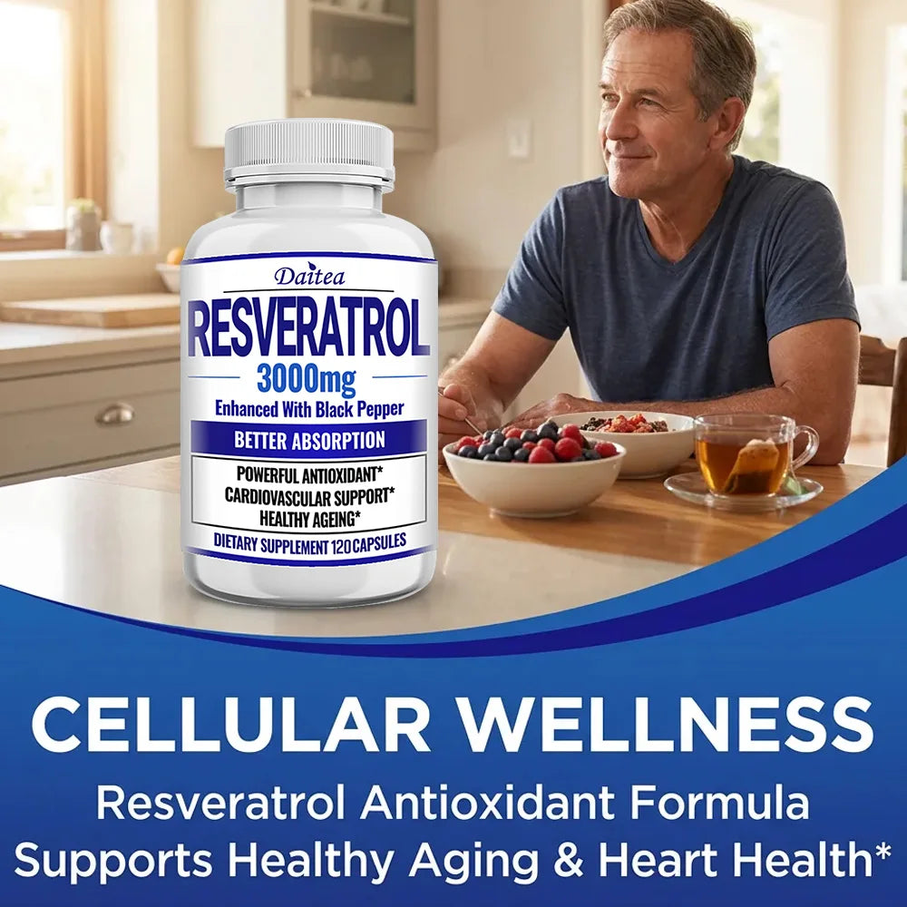 Resveratrol 3000mg Capsules, Maximum Strength Antioxidant, Supports Heart, Brain, Immune, Joint Health & Anti-Aging, Gluten-Free