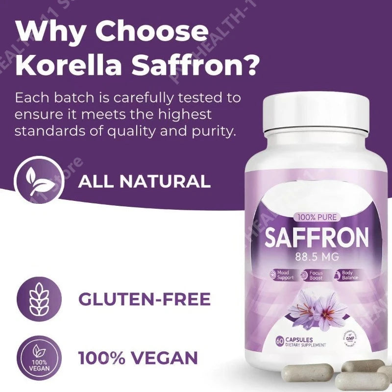 100% Saffron Capsules 88.5mg Crocus Sativus L Flower Extract with Crocin Safranal Natural Plant Extract Daily Health Supplement