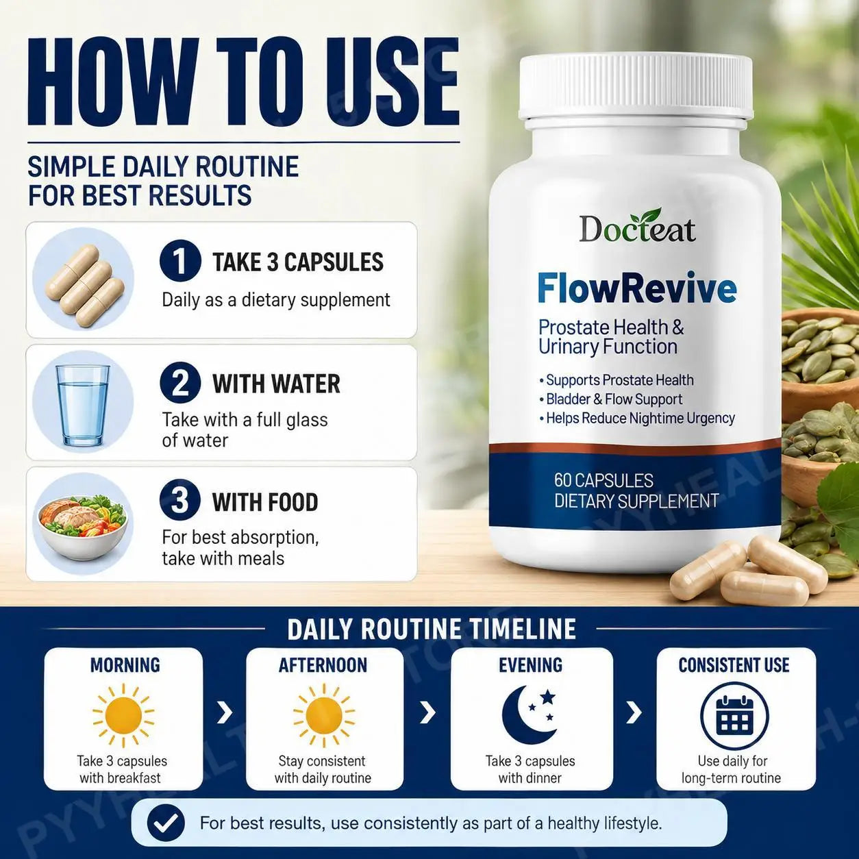 Docteat FlowRevive Prostate Health Capsules for Men with Quercetin, Supports Normal Urinary Flow & Bladder Comfort, 60 Capsules
