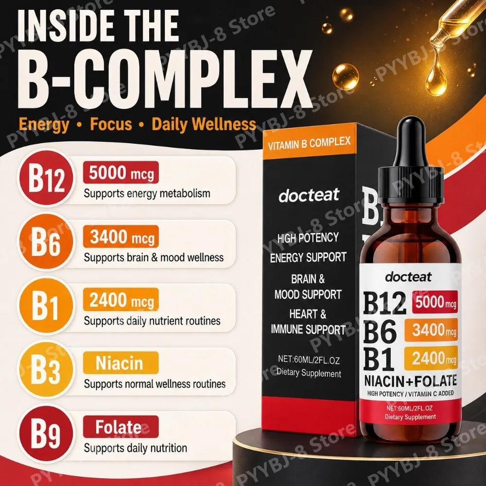 VitaminB Complex Liquid Supplement 60ml with VitaminB1/B6/B12 Support Energy Generation Supplementation and Immune System Health