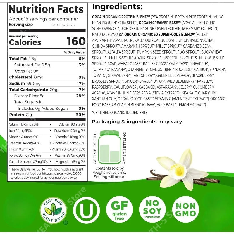 Organic Vegan Protein + 50 Superfoods Powder, 21g Plant Based Protein, 8g Prebiotic Fiber, No Lactose Health Food 2.02 Lb