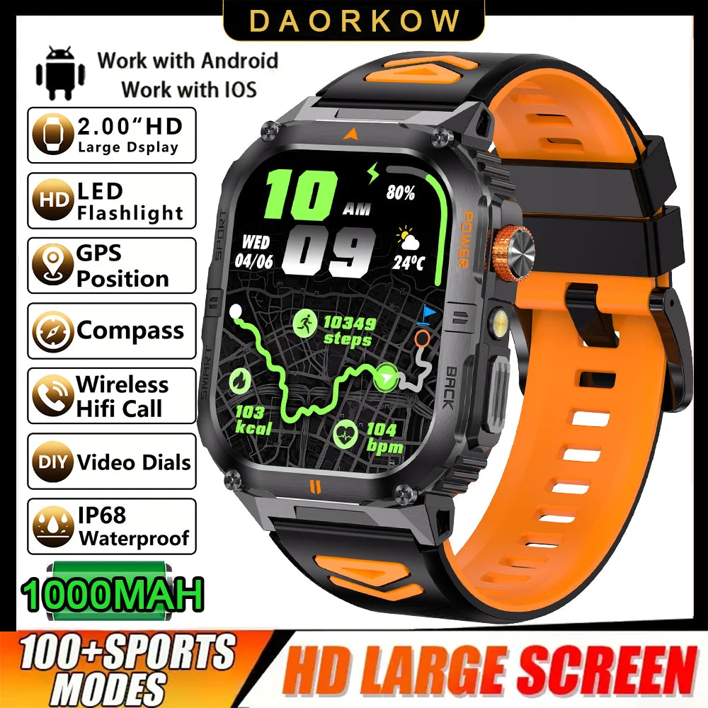Outdoor Sport Smart Watch 2.00" 3ATM Waterproof LED Flashlight Answer Call 1000mAH Big Battery Health Fitness Tracker Smartwatch