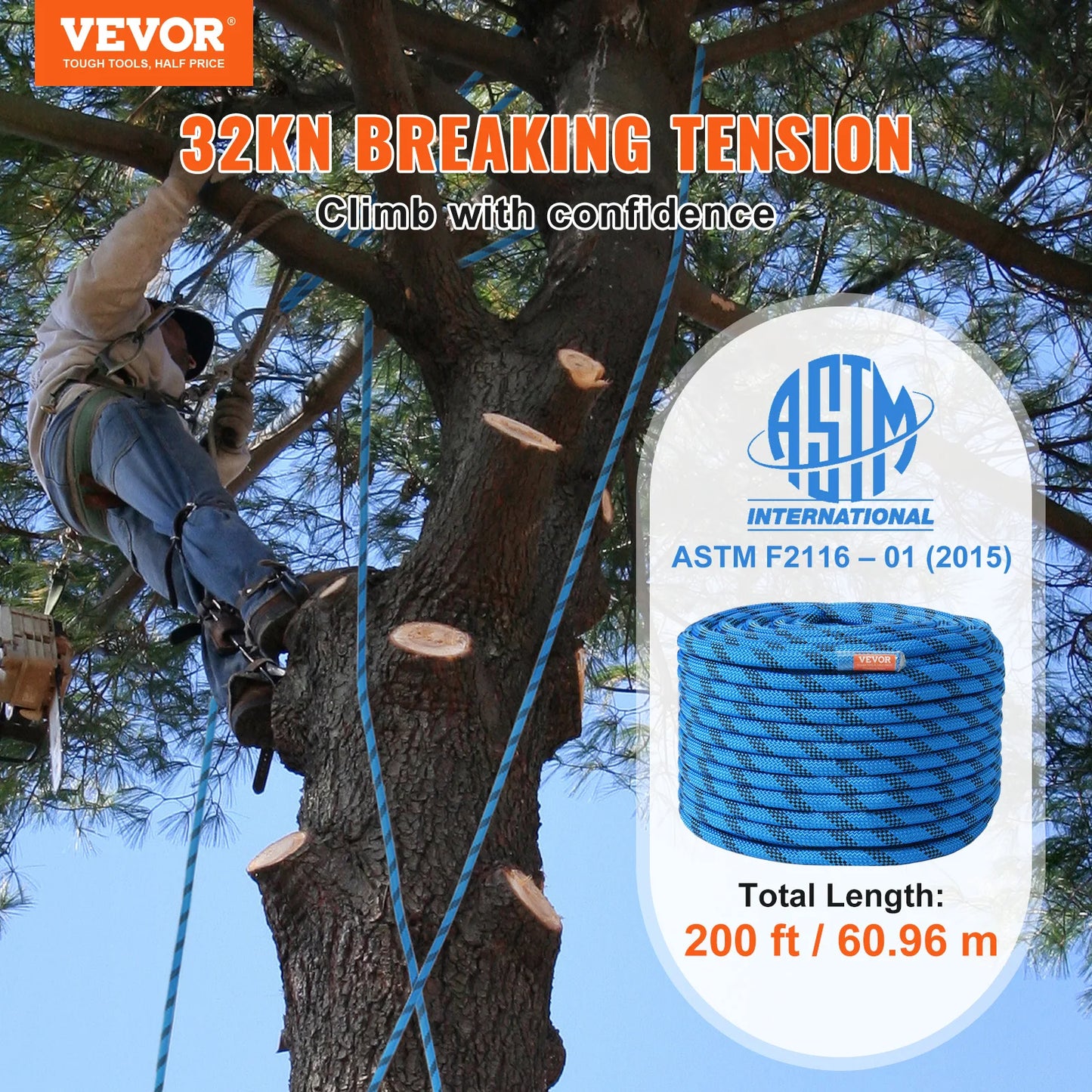 VEVOR 12.7mm Static Climbing Rope 30kN Breaking Strength