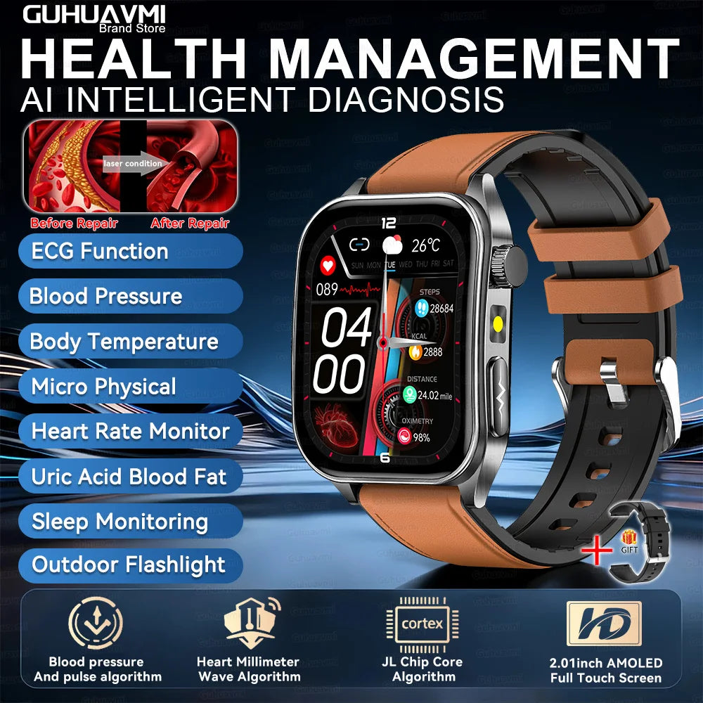 2026New ECG Monitoring Smart Watch 1.95-inch AMOLED Screen Dual-Probe Laser Health Bluetooth Call Waterproof Sports Smartwatches