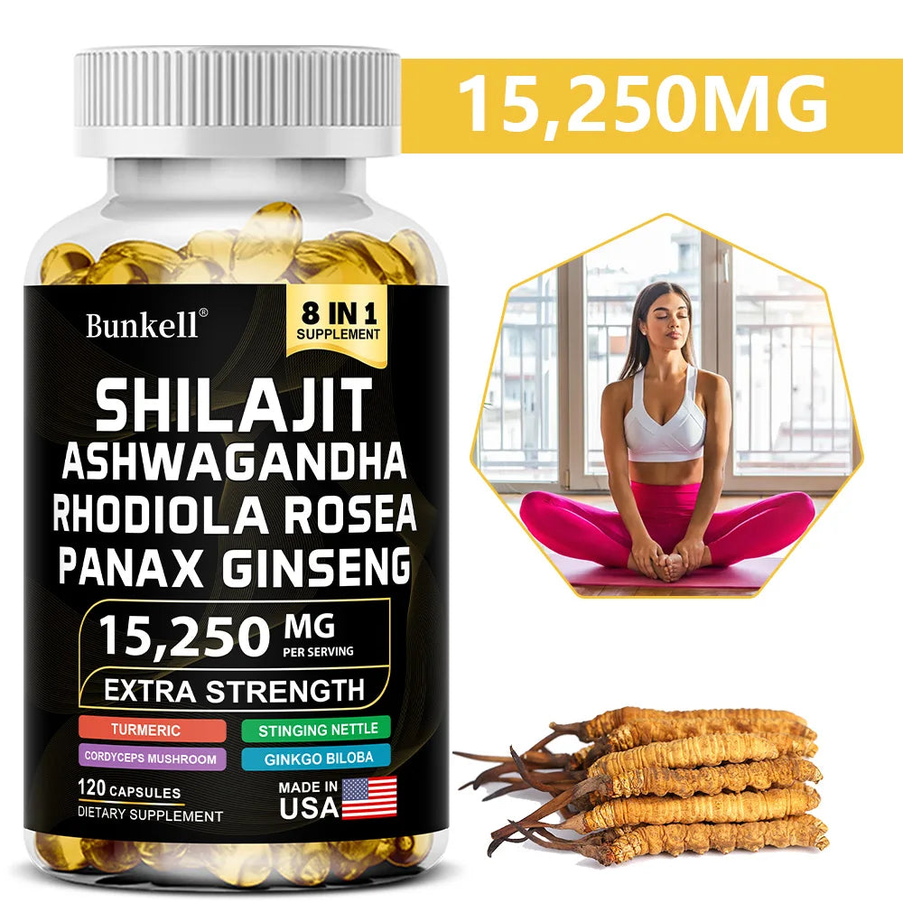 15250mg Shilajit Capsules 8-in-1 with Ashwagandha Ginseng Rhodiola Turmeric - Energy Brain Muscle Joint Health Immune Support