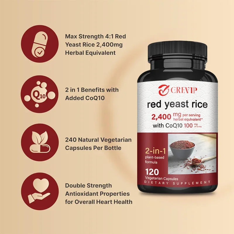 Red Yeast Rice Capsules - Benefits Cardiovascular Blood Circulation, Heart Health and Energy ProductionSupplements