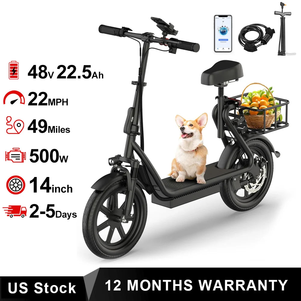 Electric Scooter With Seat For Adults 500W 48V 10.4Ah Battery 28 Miles