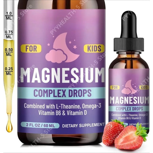 Kids Liquid Drops, Magnesium Glycinate with L-theanine Omega-3 Vitamin B6 D3 for Supports Bone Health and Relaxation 60 Ml