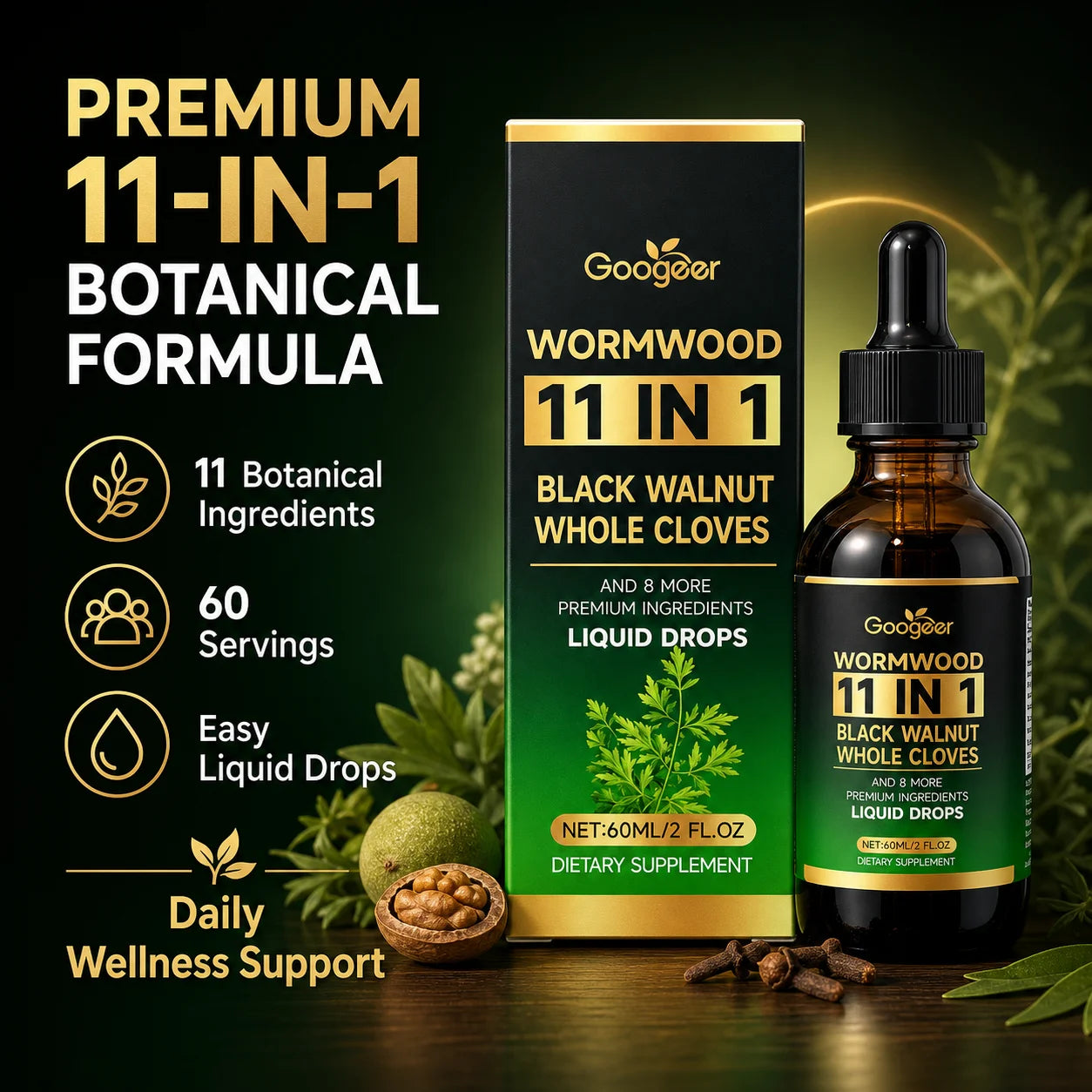 Wormwood 11 in 1 Liquid Drops - Black Walnut & Whole Cloves with Berberine, Turmeric for Gut Health & Digestive Support, 60ml