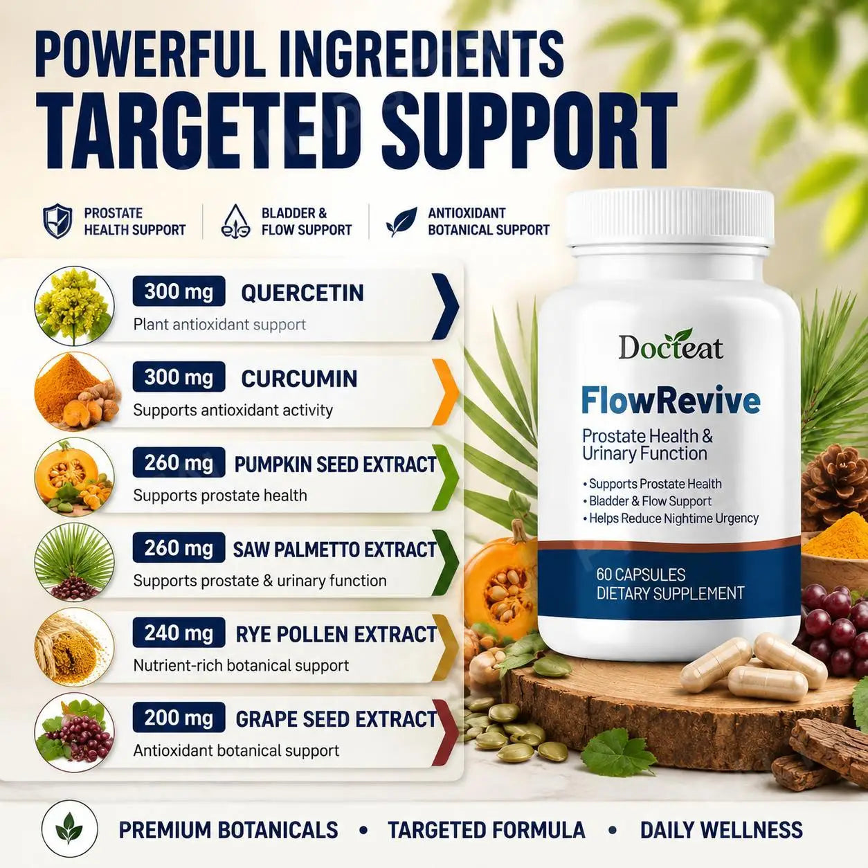 Docteat FlowRevive Prostate Health Capsules for Men with Quercetin, Supports Normal Urinary Flow & Bladder Comfort, 60 Capsules