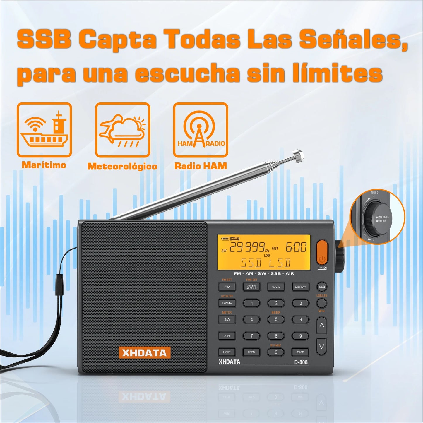 XHDATA D808 Portable Multiband Radio Receiver AM FM SW MW