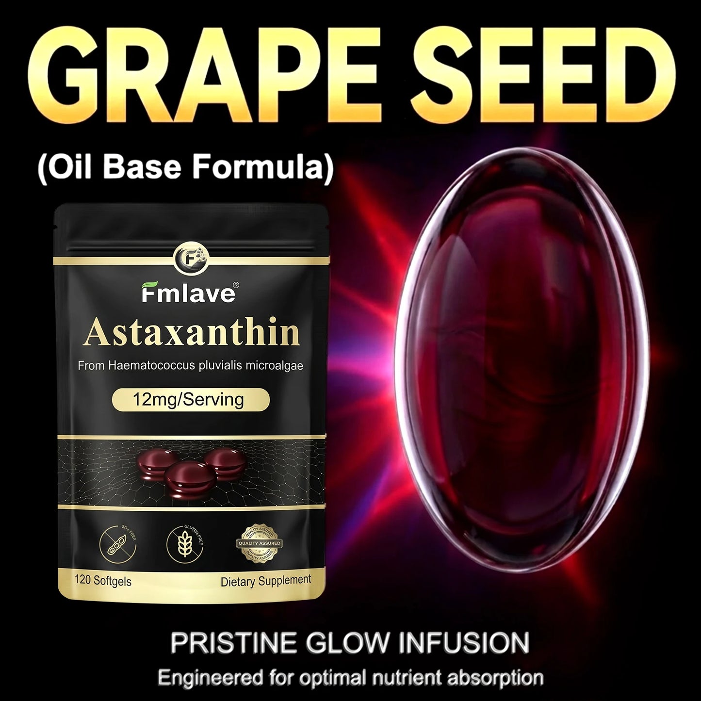 Fmlave Premium Astaxanthin 12mg, Natural Antioxidant Supplement for Eye, Joint, Skin Health,Microalgae Source, 120 Softgels