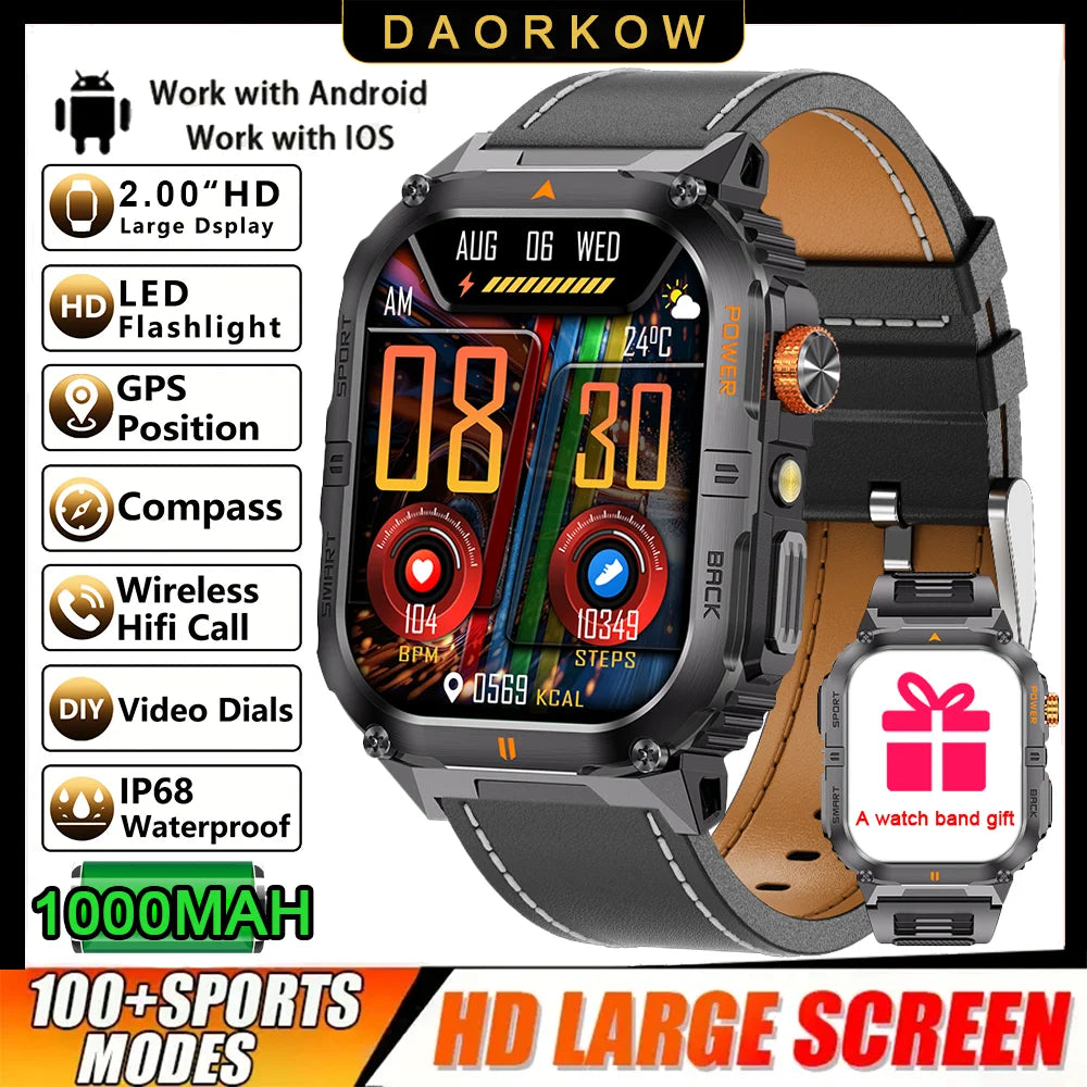 Outdoor Sport Smart Watch 2.00" 3ATM Waterproof LED Flashlight Answer Call 1000mAH Big Battery Health Fitness Tracker Smartwatch