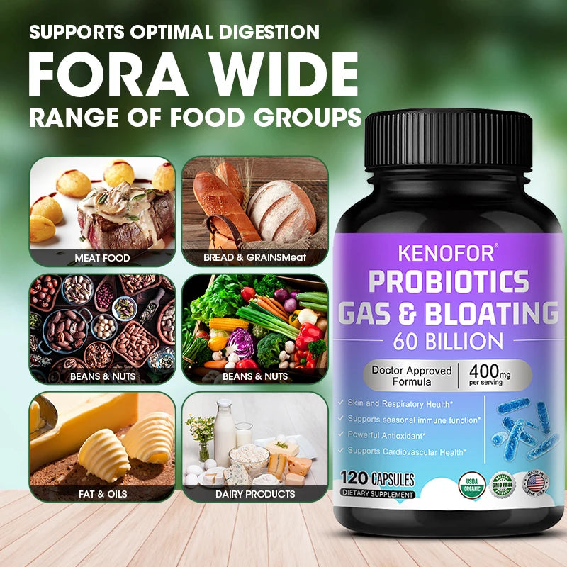 60 Billion CFU Multi-Strain Probiotic Capsules - Prebiotics + Digestive Enzymes, Gut Health & Immune Support, 30/60/120 Counts