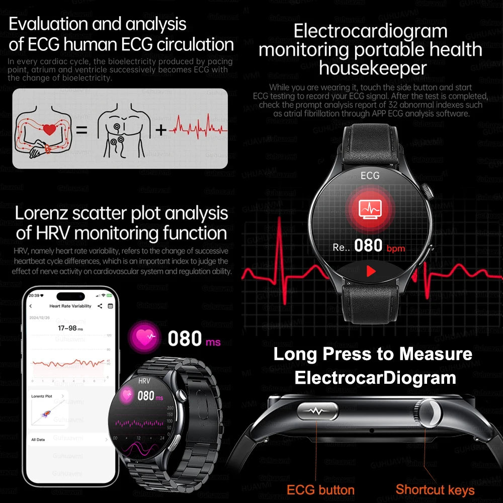 New Smart Watch for Men 1.43 inch Amoeld Screen Physical Examination Blood oxygen Pressure Fat Call Health ECG+PPG Smartwatch