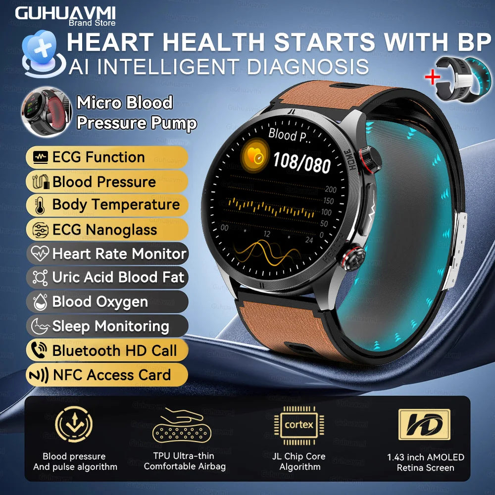 New Health Smart Watch Airbag Blood Pressure ECG+PPG AI Diagnosis Blood Lipid Uric Acid SOS Remote Care Smartwatch For Men Women