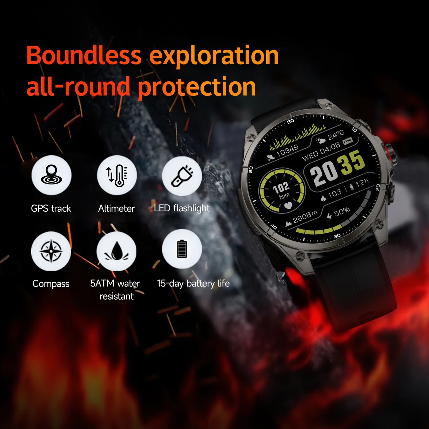 New Smart Watch GPS Sports Compass Altitude Air Pressure Blue Tooth Call 3ATM Waterproof Health AMOLED Screen Smartwatch 660 mAh