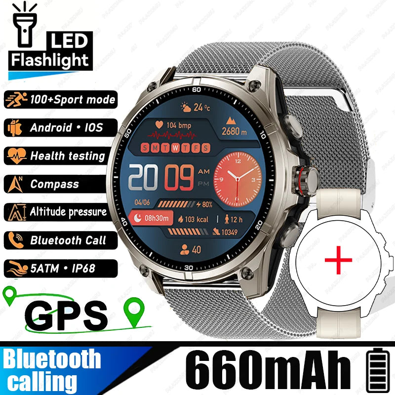 New Smart Watch GPS Sports Compass Altitude Air Pressure Blue Tooth Call 3ATM Waterproof Health AMOLED Screen Smartwatch 660 mAh