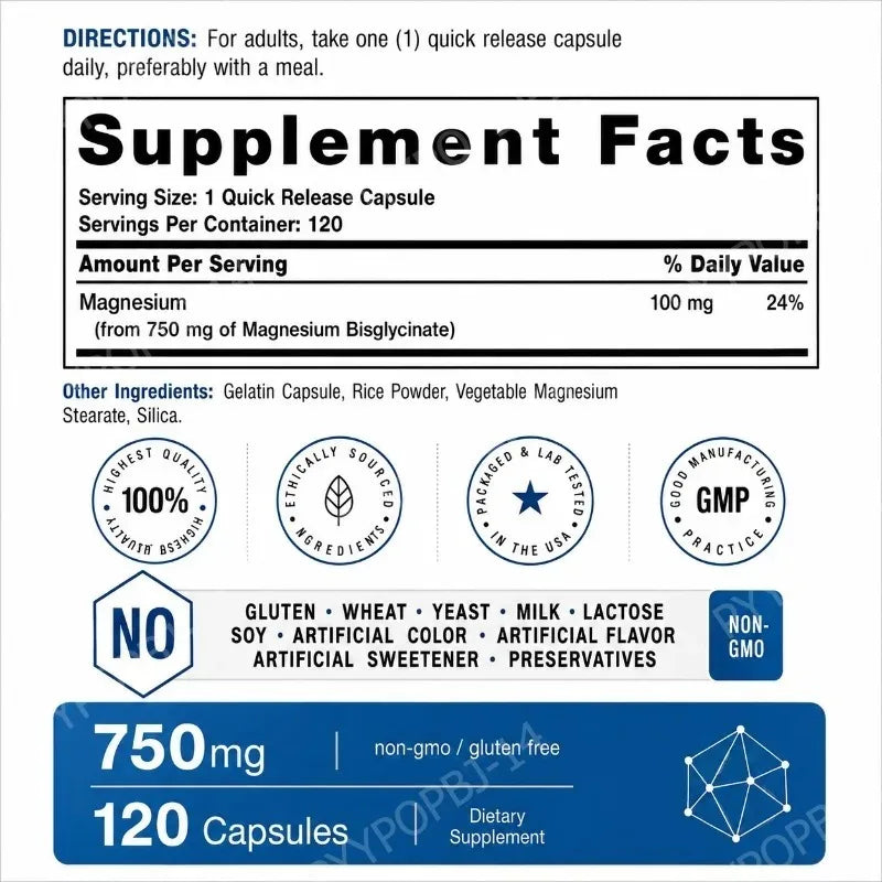 Magnesium Bisglycinate 750mg Capsules Supports Relaxation Muscle Comfort Bone Health 120 Capsules Non GMO Gluten Free