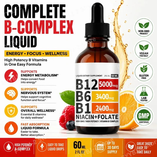 Vitamin B12 Liquid Drops 60ml Raspberry Flavor with Vitamin B6+B1 Etc Multivitamin Support Energy Recovery & Brain,Heart Health