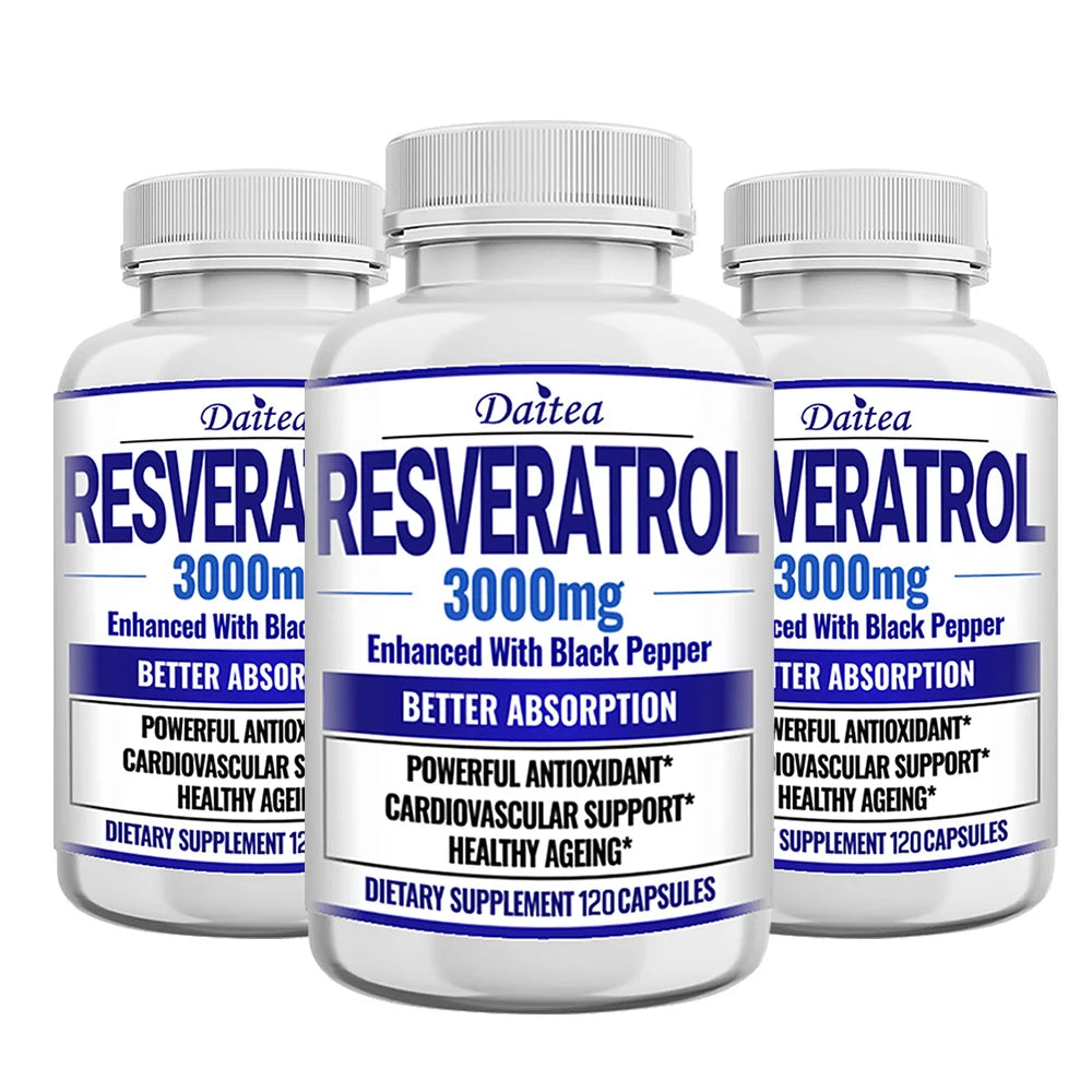 Resveratrol 3000mg Capsules, Maximum Strength Antioxidant, Supports Heart, Brain, Immune, Joint Health & Anti-Aging, Gluten-Free