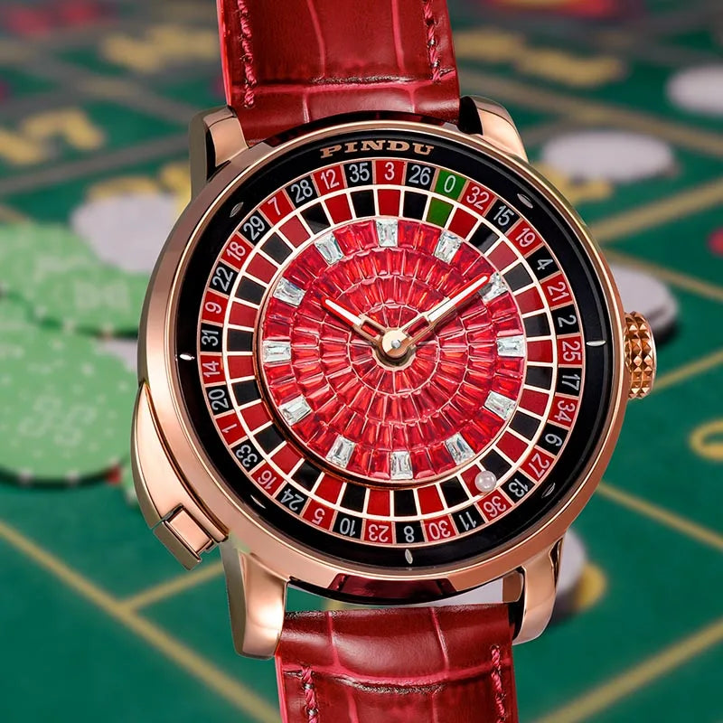 PINDU Men Mechanical Watch NH35A Push Button Roulette Theme