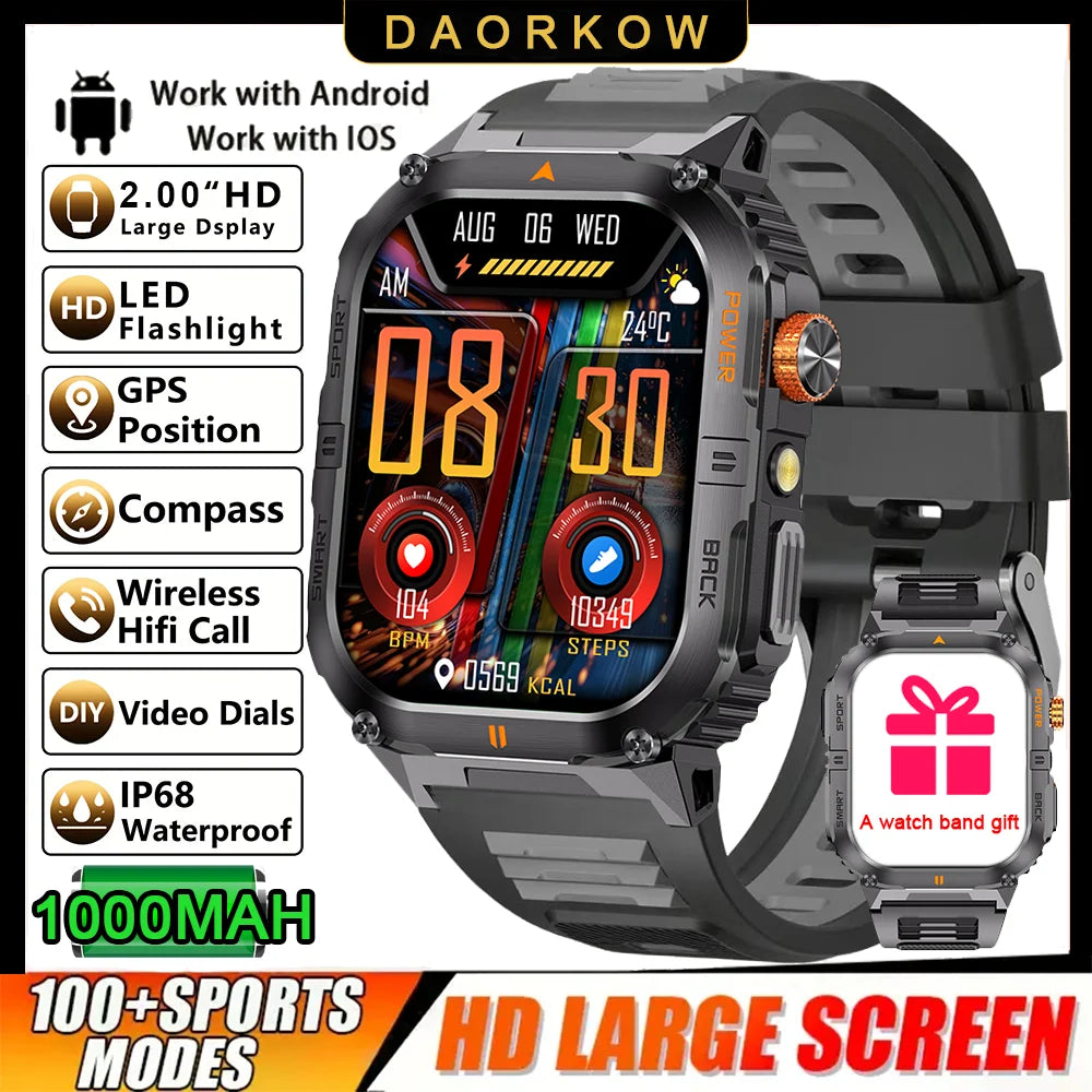 Outdoor Sport Smart Watch 2.00" 3ATM Waterproof LED Flashlight Answer Call 1000mAH Big Battery Health Fitness Tracker Smartwatch