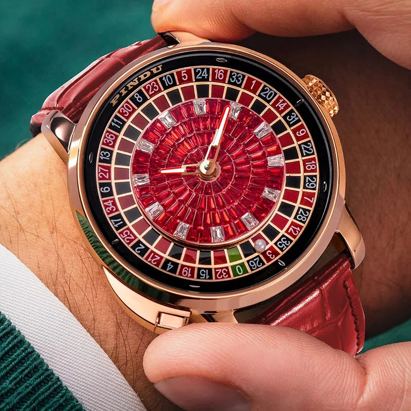 PINDU Men Mechanical Watch NH35A Push Button Roulette Theme