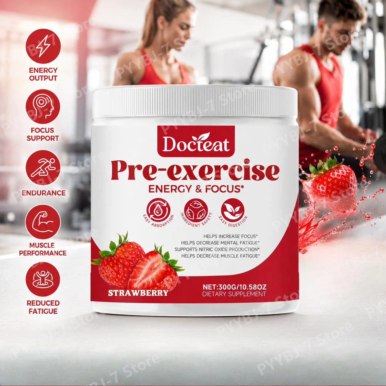 Pre-Workout Powder Energy and Focus Support Support Muscle Recovery Strawberry Flavor Daily Health Care 300g