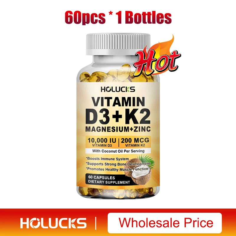 Vitamin D3 K2 Magnesium Zinc Complex, with Coconut Oil Support Nerve, Muscle, Heart, Bone and Dental Health, for Immune System