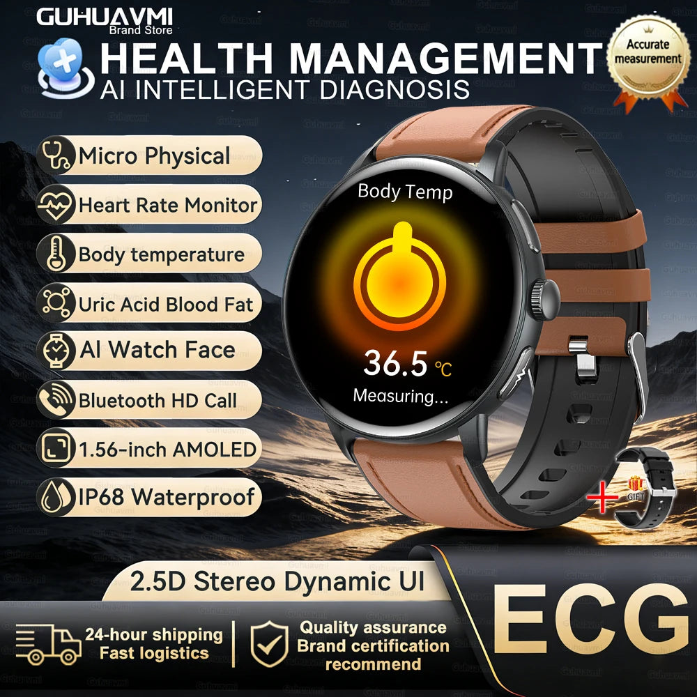 New AI-GPT Health Smart Watch AMOLED ECG Bluetooth Call Uric Acid Blood Lipids One-Click Micro Examination Men Women Smart Watch