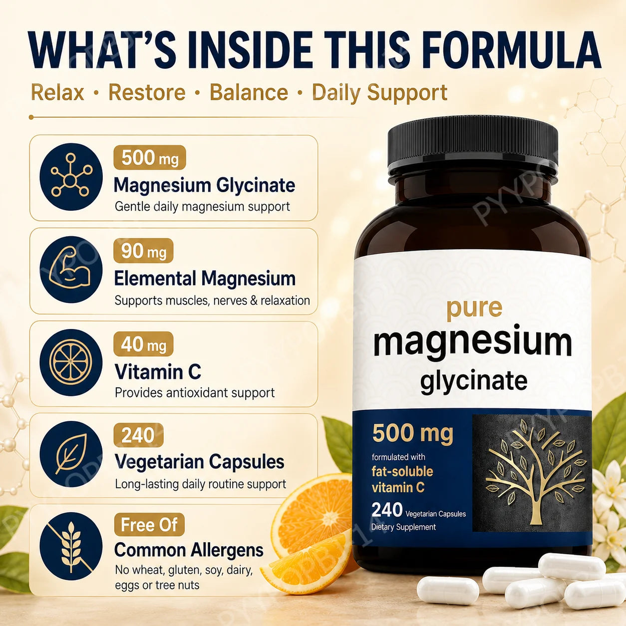 Pure Magnesium Glycinate 500mg Capsules with Vitamin C Supports Relaxation Muscle Nerve Health Bone Support 240 Capsules
