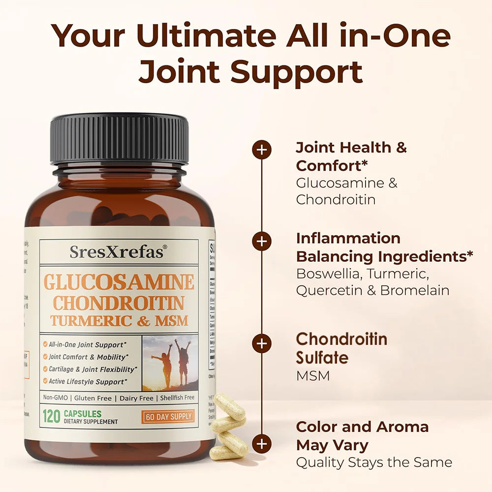Glucosamine Chondroitin MSM Turmeric Capsules, Supports Hips, Knees, Joint, Bone, Cartilage Health & Mobility, Flexibility