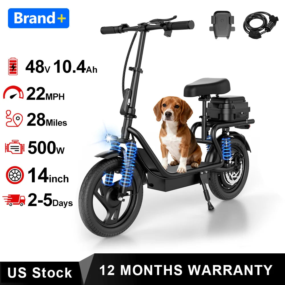 AOVOPRO 500W Folding Electric Bicycle 14 Inch 10.4Ah Battery