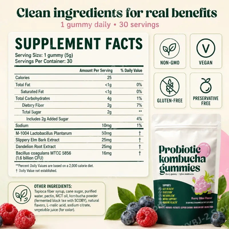 Probiotic Kombucha Gummies Help Digestive Health,Enhance Immunity and Improve Mood — Slippery Elm Bark & Dandelion Root 30 Count