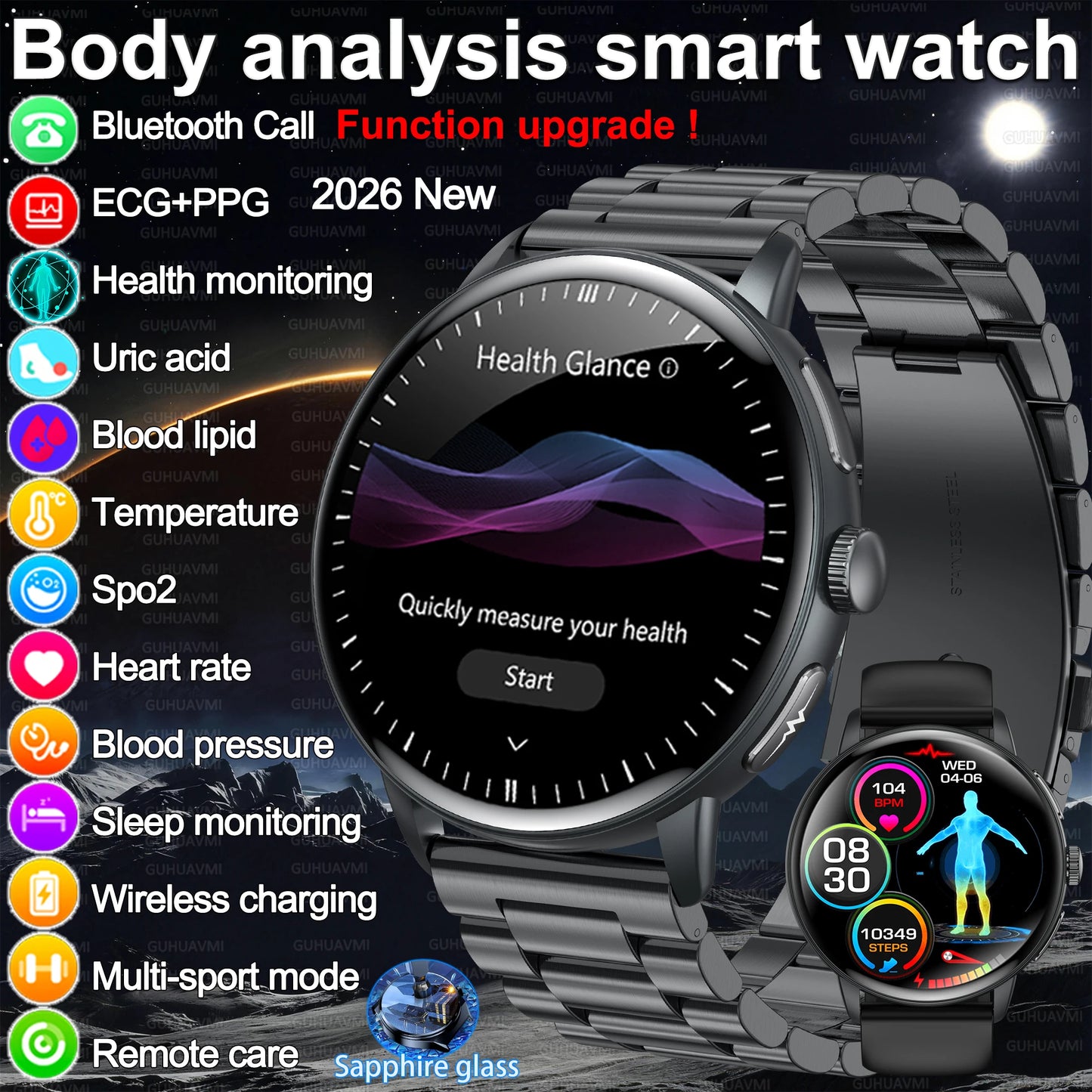 2026 New Body Analysis Health Smart Watch Blood oxygen Pressure Body Fat ECG+PPG Call AI Voice Assistant Smart Watch Men Women