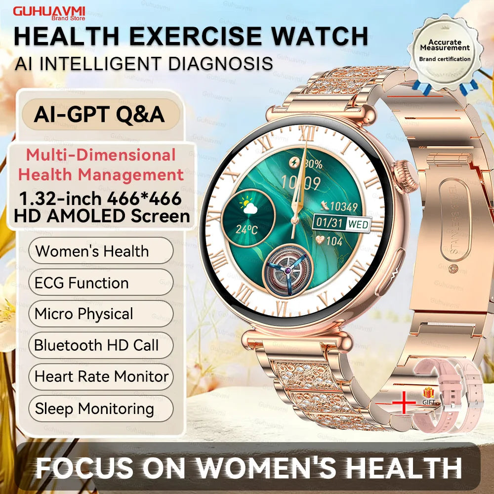 Luxury Diamond Smart Watch For Women 1.32" AMOLED Screen Heart Rate Blood Pressure Health Monitor IP68 Waterproof Sports Watches