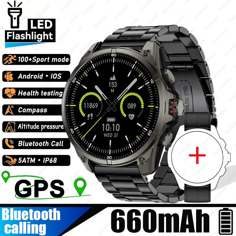 New Smart Watch GPS Sports Compass Altitude Air Pressure Blue Tooth Call 3ATM Waterproof Health AMOLED Screen Smartwatch 660 mAh