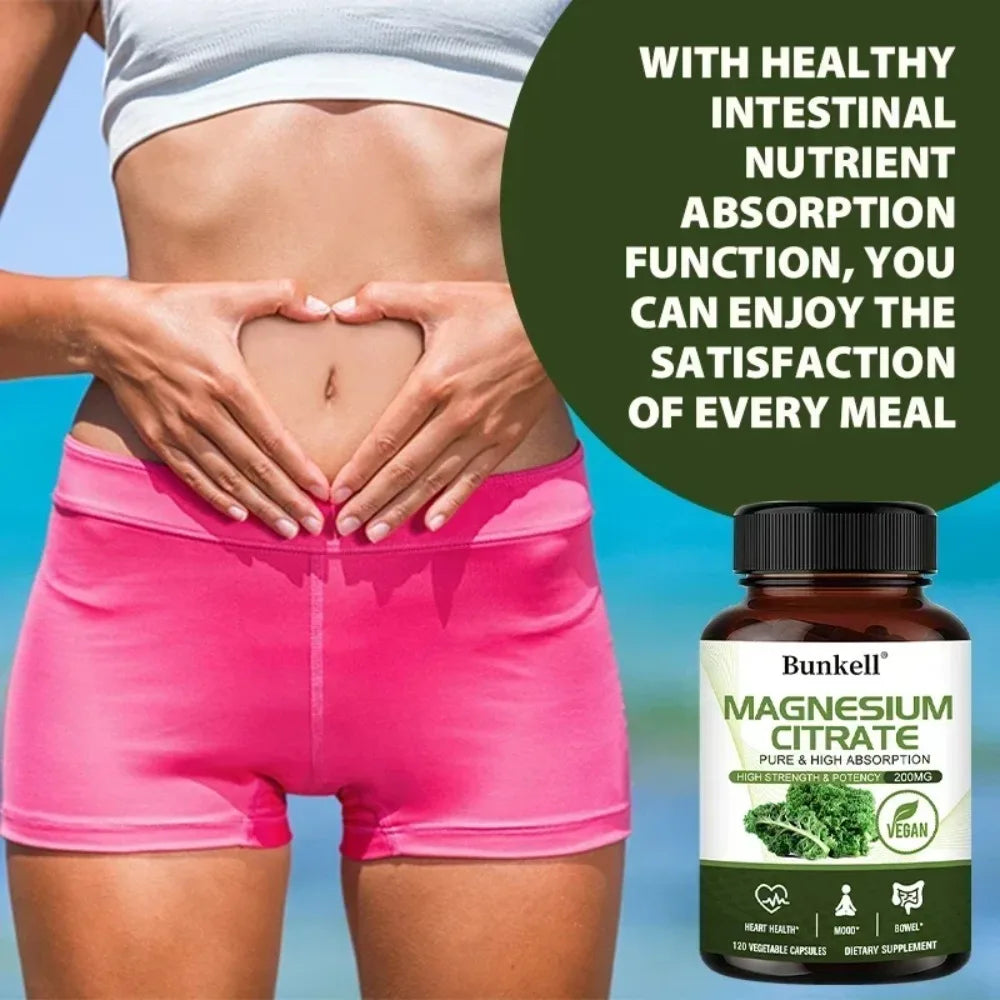 Magnesium Citrate Capsules 200 Mg - Maximum Absorption for Muscle, Nerve, Bone and Heart Health Gluten Free, Non-GMO
