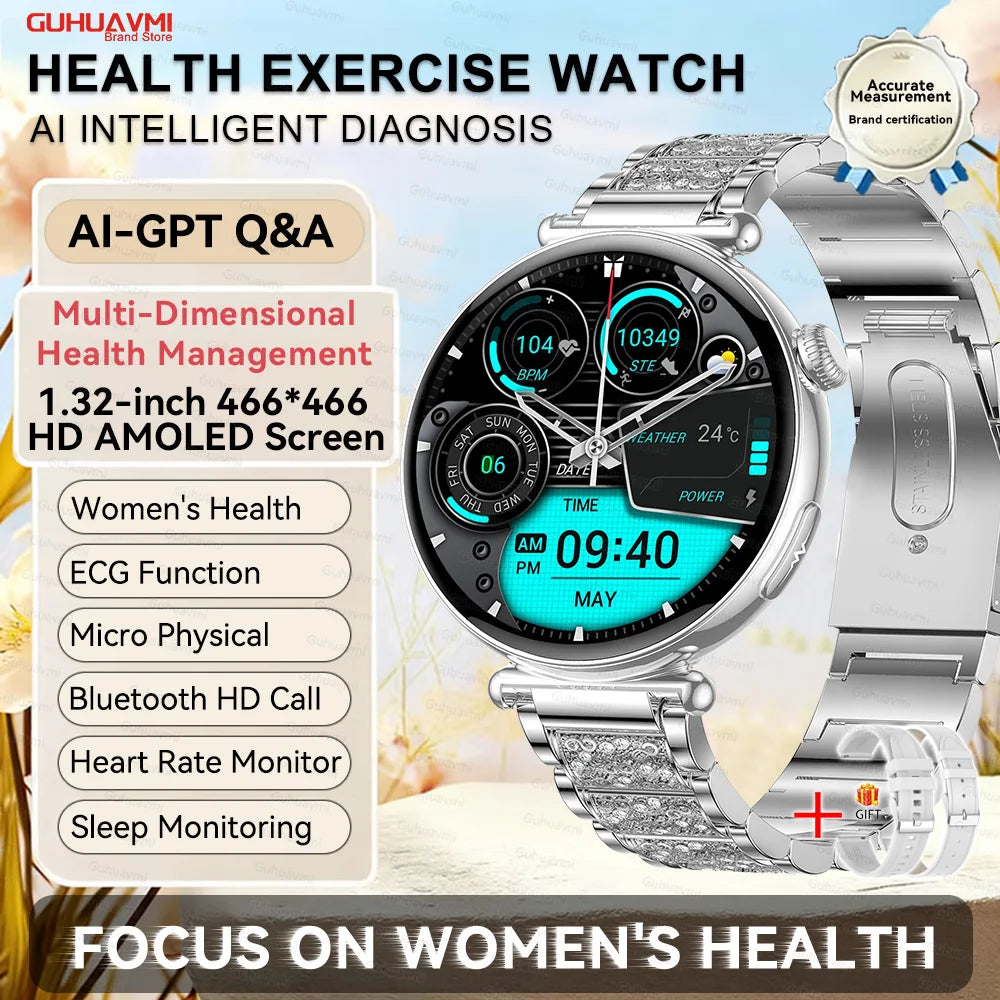 Luxury Diamond Smart Watch For Women 1.32" AMOLED Screen Heart Rate Blood Pressure Health Monitor IP68 Waterproof Sports Watches