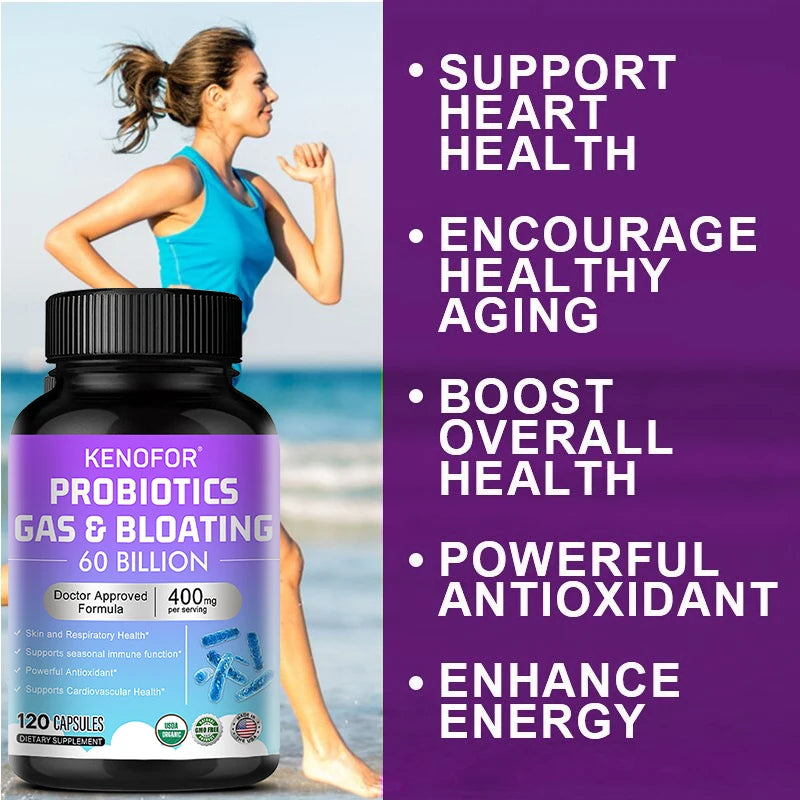 60 Billion CFU Multi-Strain Probiotic Capsules - Prebiotics + Digestive Enzymes, Gut Health & Immune Support, 30/60/120 Counts