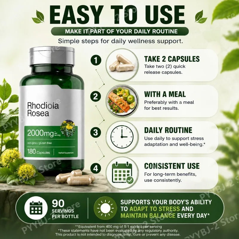 Rhodiola Rosea Capsules 180 Pieces Emotional Relief and Immune Health Support — 2000mg Rhodiola Rosea Root 5:1 Plant Extract