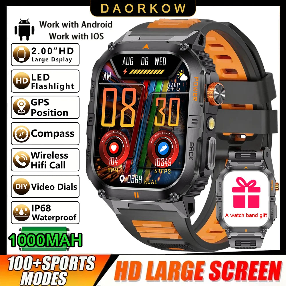 Outdoor Sport Smart Watch 2.00" 3ATM Waterproof LED Flashlight Answer Call 1000mAH Big Battery Health Fitness Tracker Smartwatch