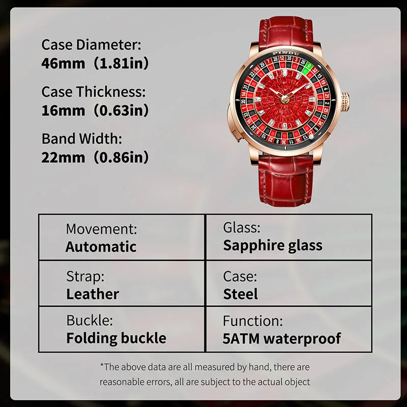 PINDU Men Mechanical Watch NH35A Push Button Roulette Theme
