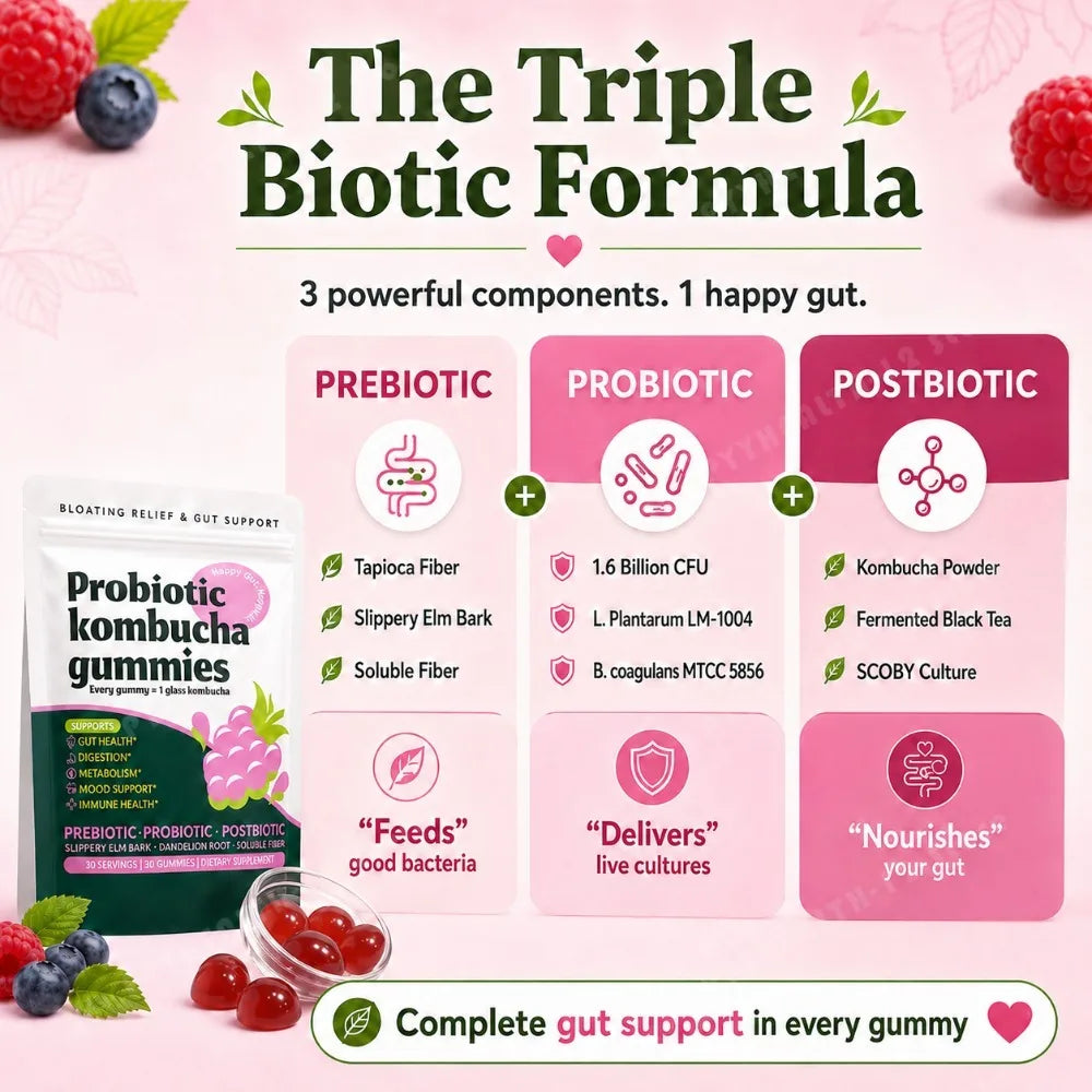 Probiotic Kombucha Gummies Every Gummy 1 Glass Kombucha Prebiotic Postbiotic Digestive Gut Health Vegan Berry Bliss 30 Gummies