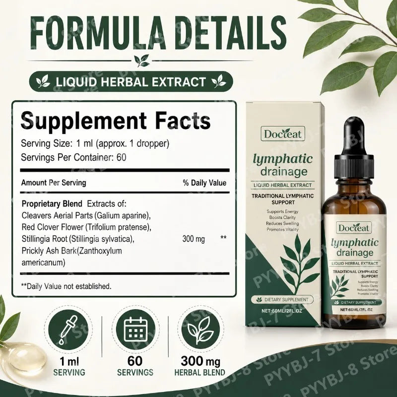 Lymphatic Drainage Drops 60ml Help Bloat Relief Immune System Health Extract with Cleavers Red Clover Stillingia Prickly Ash