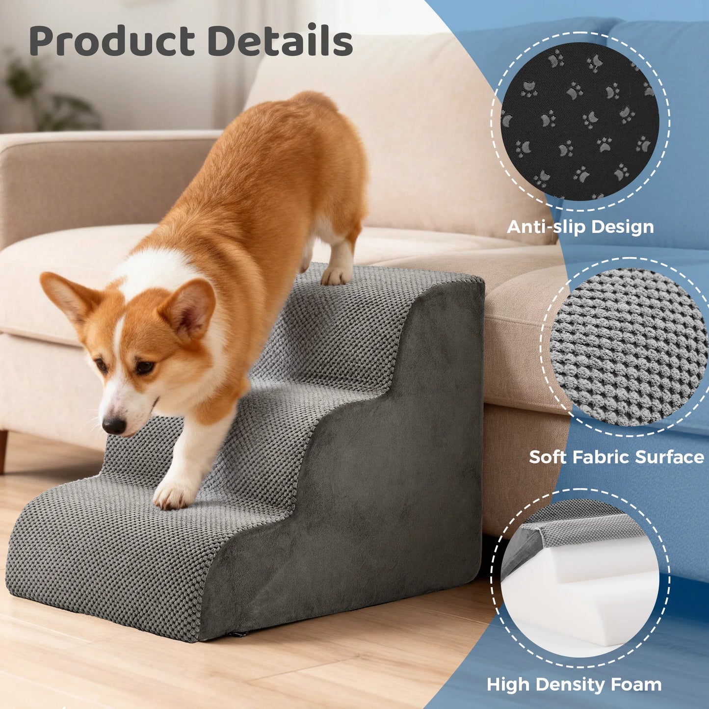 3 To 5 Step High Density Foam Dog Stairs Ramp Curved Non Slip Indoor