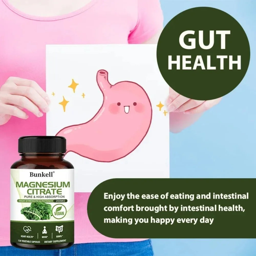 Magnesium Citrate Capsules 200 Mg - Maximum Absorption for Muscle, Nerve, Bone and Heart Health Gluten Free, Non-GMO